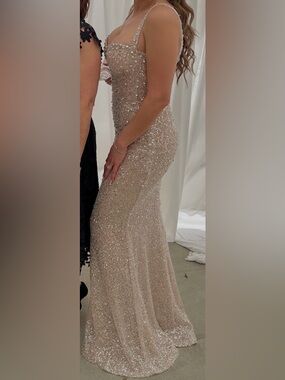 Albina Dyla Sparkling Nude Sequin Evening Gown with Sweetheart Neckline